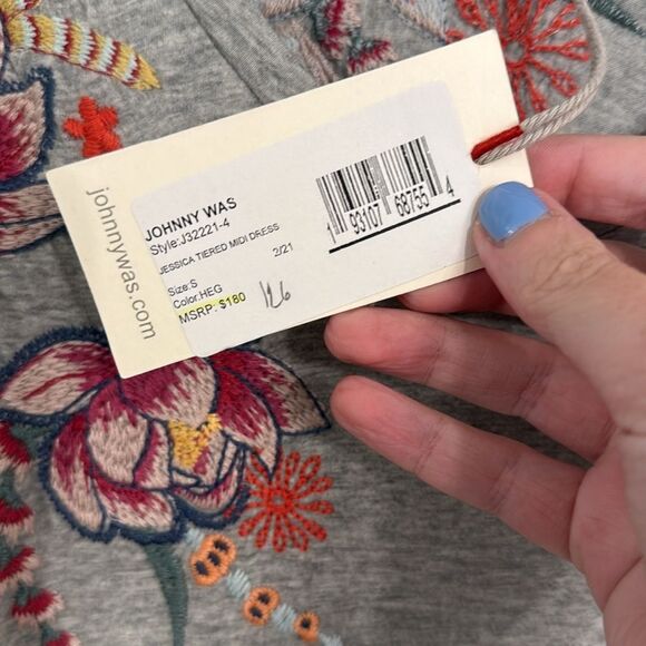 Johnny Was Jessica Tiered Embroidered Midi Dress Heathered Grey Size Small NWT - Picture 5 of 7